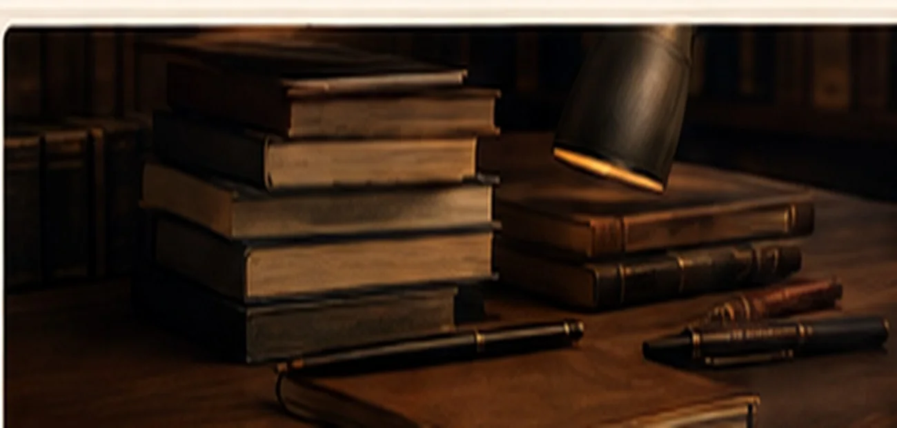 Libros y material de escritura sobre una mesa de trabajo